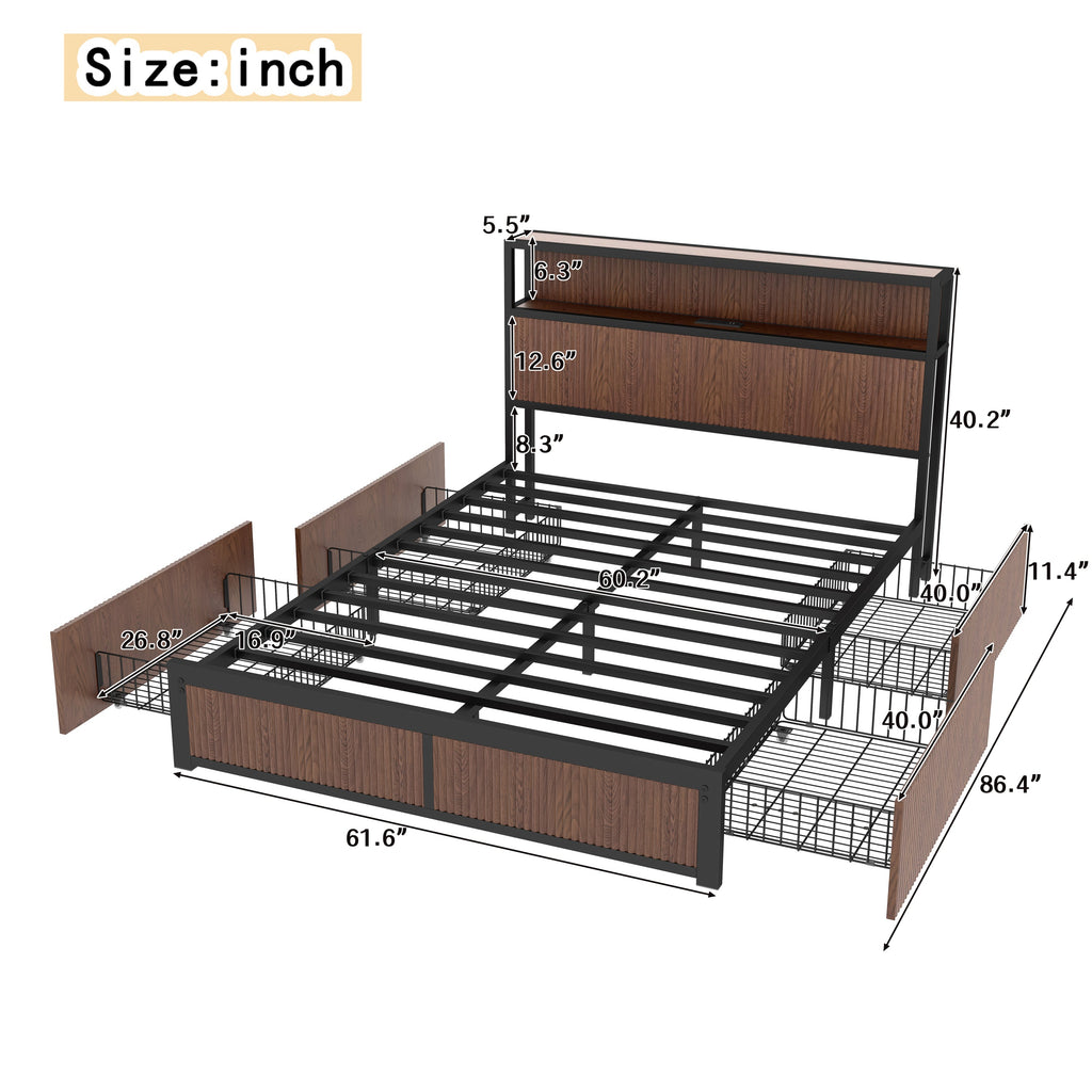 Large raised-pattern storage bed frame, wooden platform bed frame with multiple drawer storage function, bedside socket, brown wood (Queen)