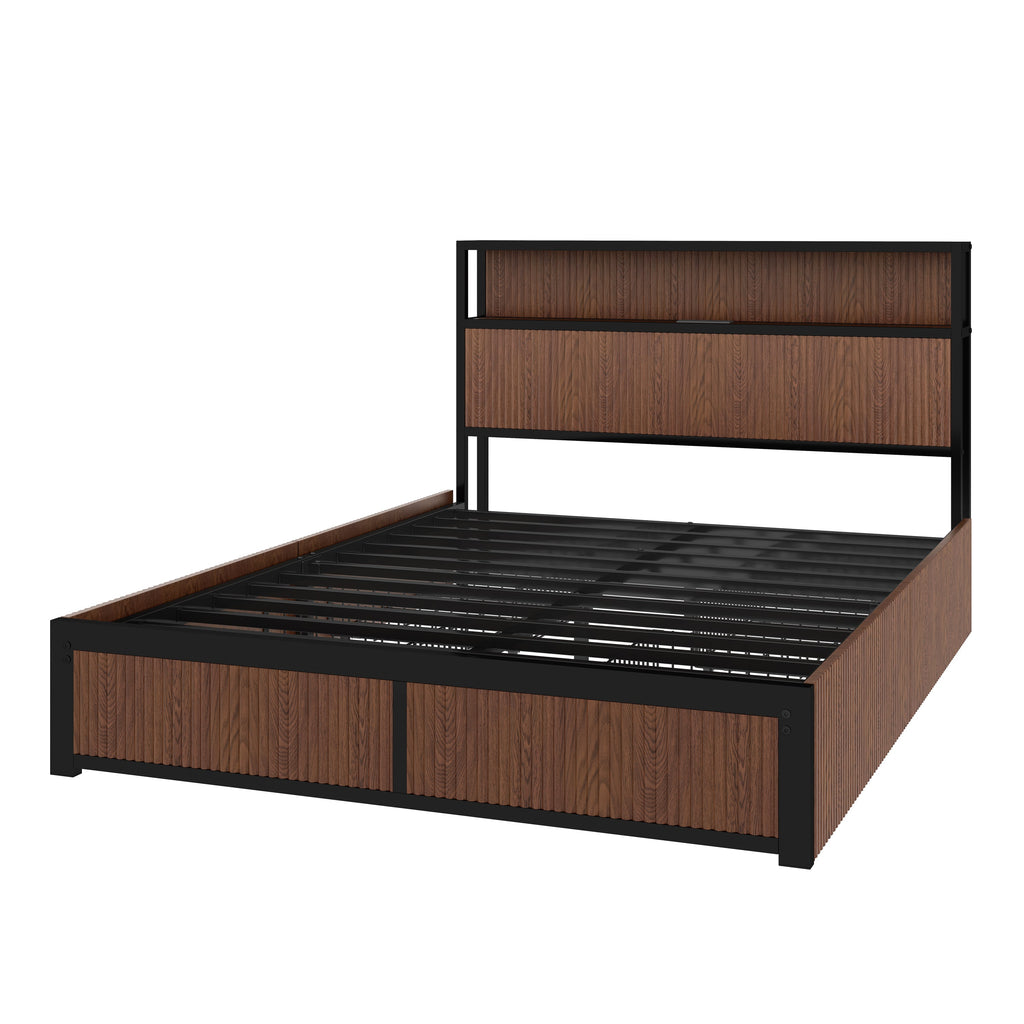 Large raised-pattern storage bed frame, wooden platform bed frame with multiple drawer storage function, bedside socket, brown wood (Queen)