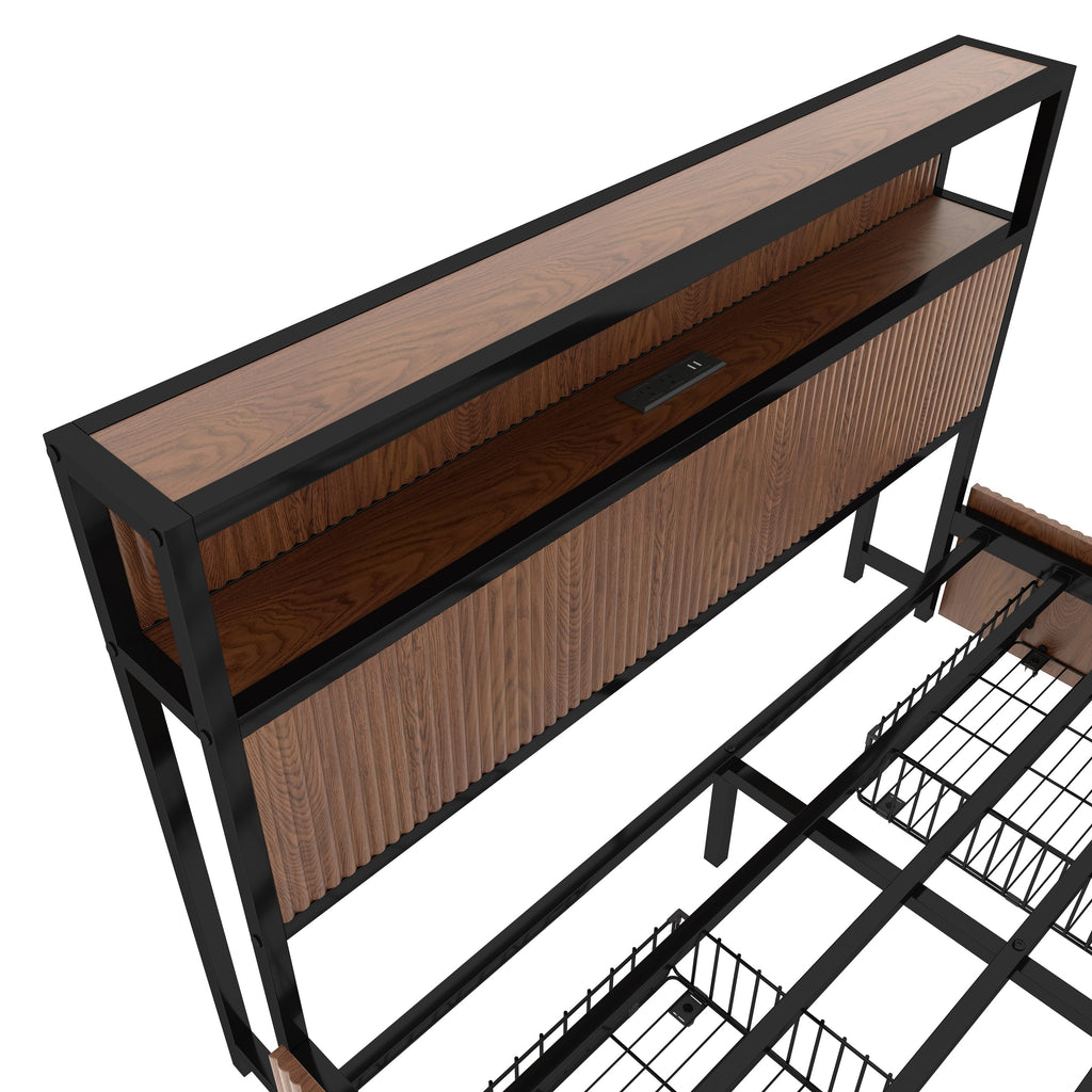 Large raised-pattern storage bed frame, wooden platform bed frame with multiple drawer storage function, bedside socket, brown wood (Queen)