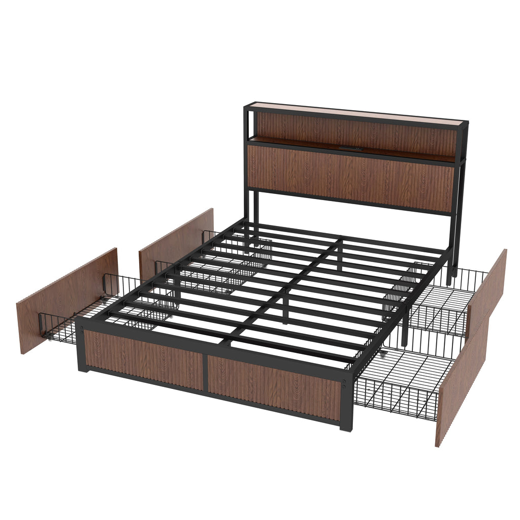 Large raised-pattern storage bed frame, wooden platform bed frame with multiple drawer storage function, bedside socket, brown wood (Queen)