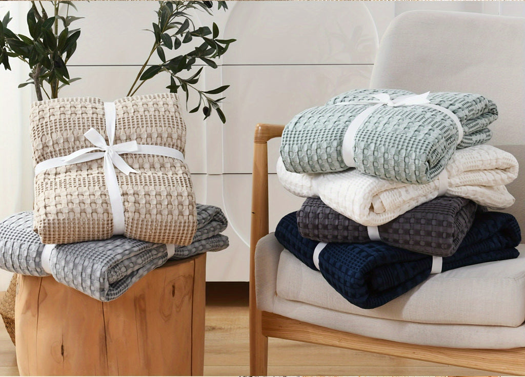 1 Pc Cooling Bamboo Fiber Cotton Blend Waffle Blanket - Lightweight Breathable Blanket For Hot Sleepers, Luxury Throws For Bed, Couch And Sofa