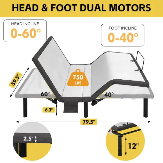 Ergonomic Queen Size Adjustable Bed, Zero Gravity Base For Stress Management Head And Foot Incline, Wireless Remote Control, Massage, Under Bed Nightlight, And USB Ports