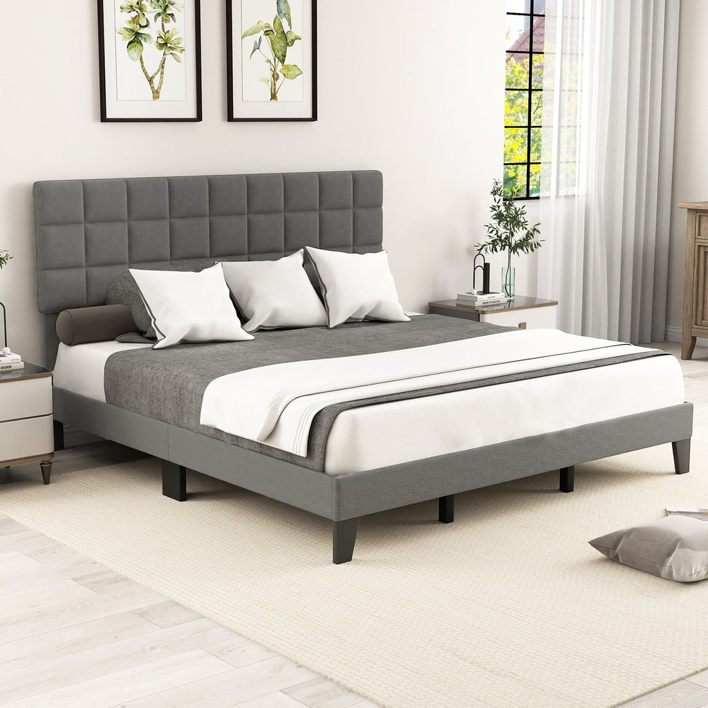 King Size Modern Linen Bed Frame with Adjustable Headboard-Gray