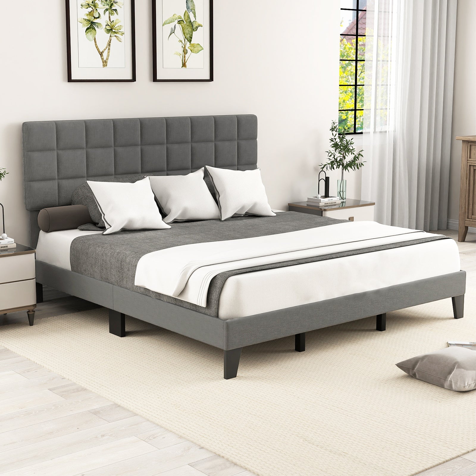 King Size Modern Linen Bed Frame with Adjustable Headboard-Gray