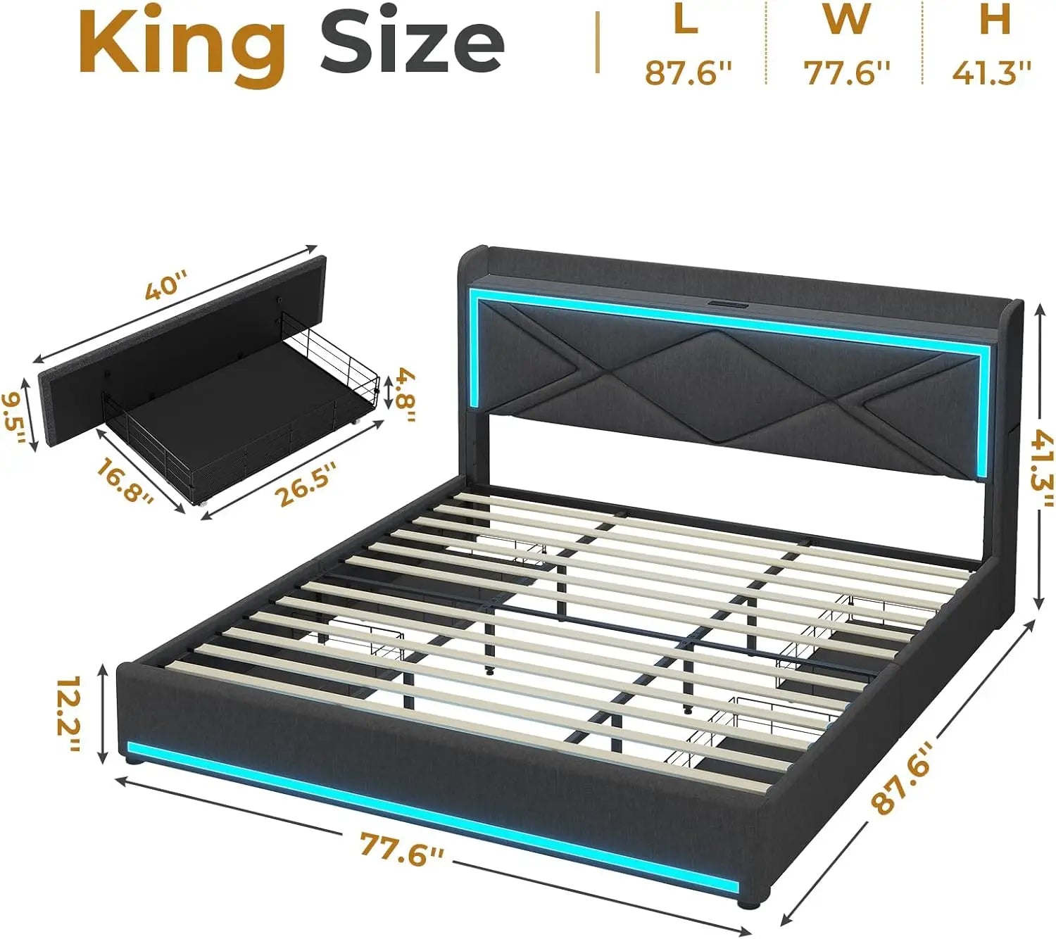 King Size LED Bed Frame with Storage Headboard and Charging Station, Upholstered King Platform Bed Frame Dark Grey