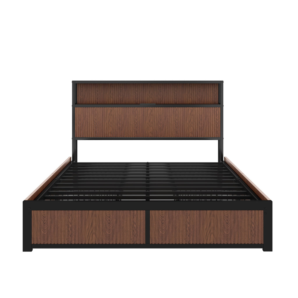 Large raised-pattern storage bed frame, wooden platform bed frame with multiple drawer storage function, bedside socket, brown wood (Queen)