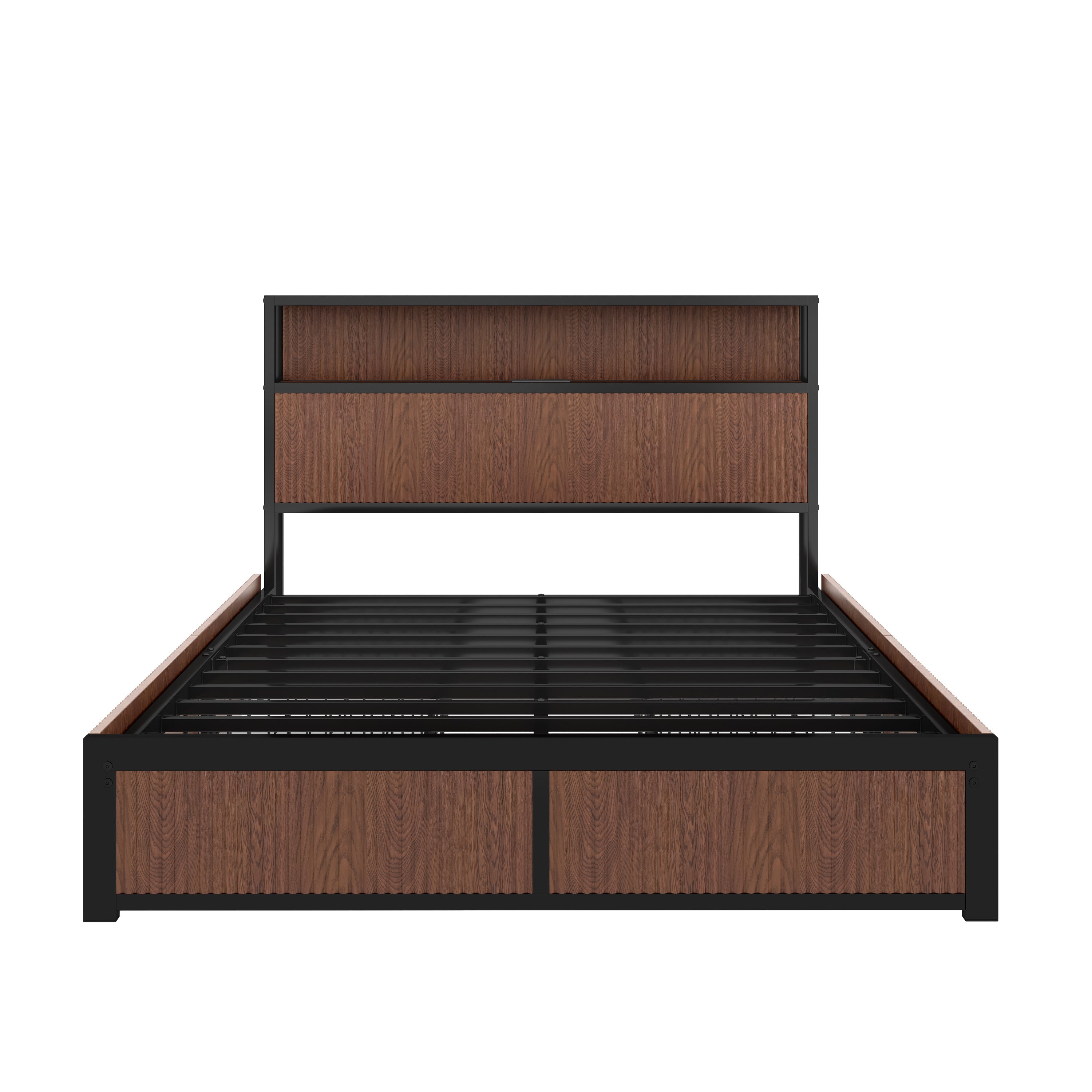 Large raised-pattern storage bed frame, wooden platform bed frame with multiple drawer storage function, bedside socket, brown wood (Queen)